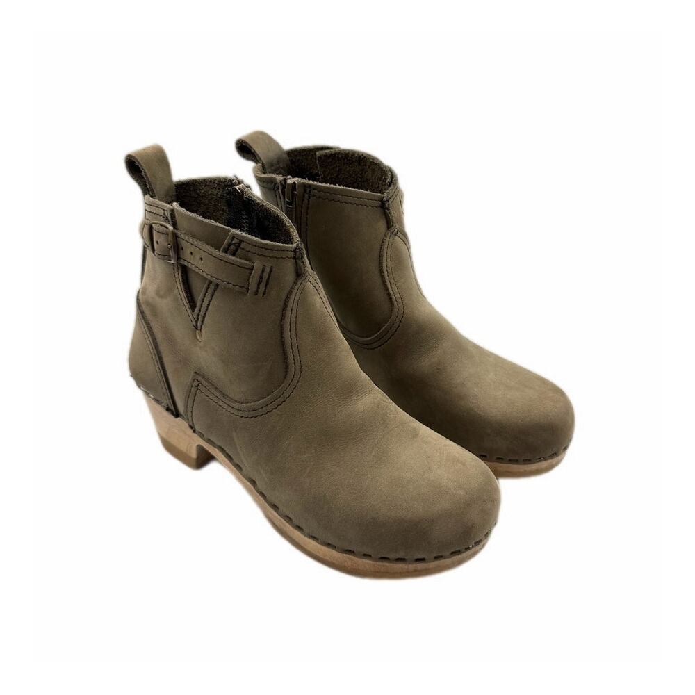 No. 6 Store Olive Green Nubuck Leather & Wood Side Zip Buckle Fall Clog Booties